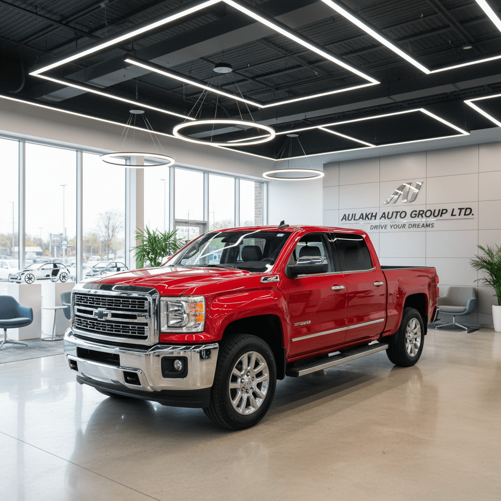 Red pickup truck under professional showroom lighting in dealership