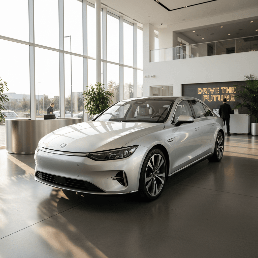 Silver sedan on display in modern dealership showroom