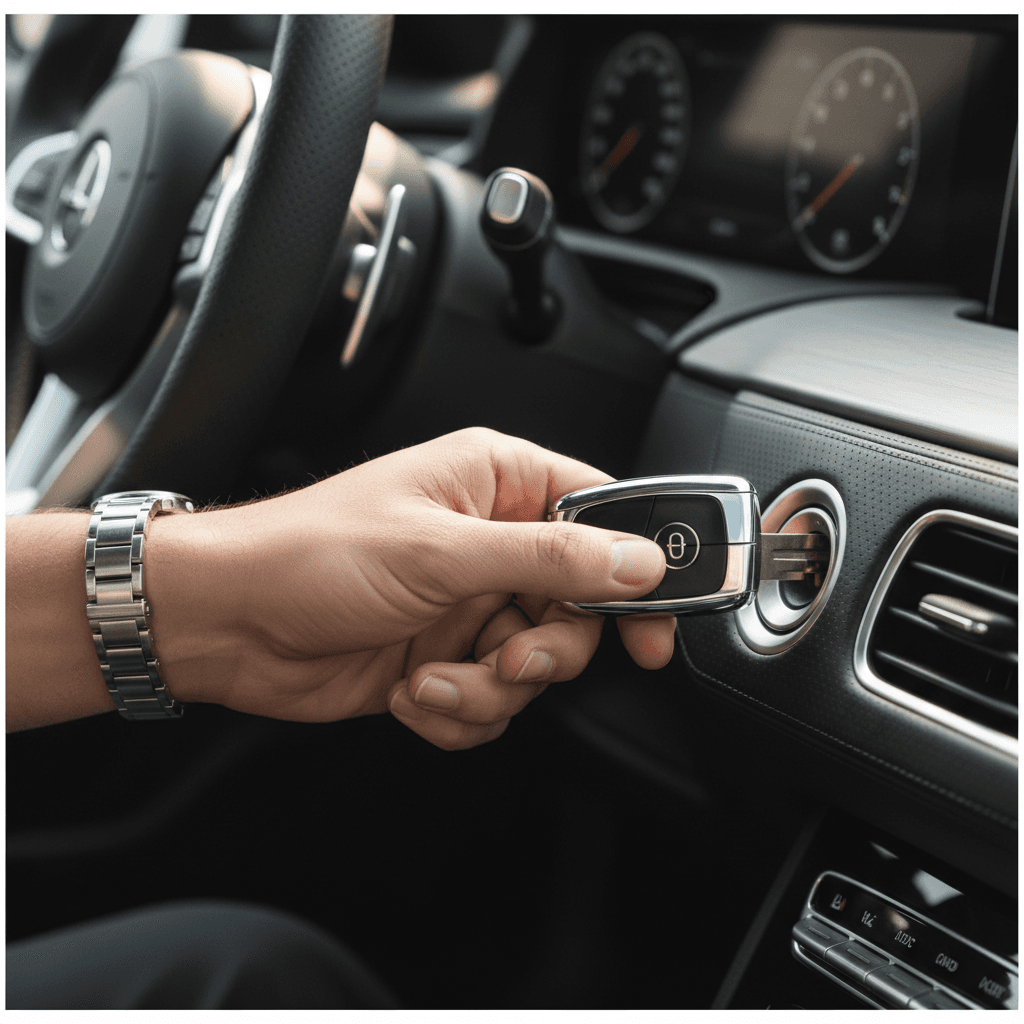 Key in vehicle ignition representing ownership and readiness