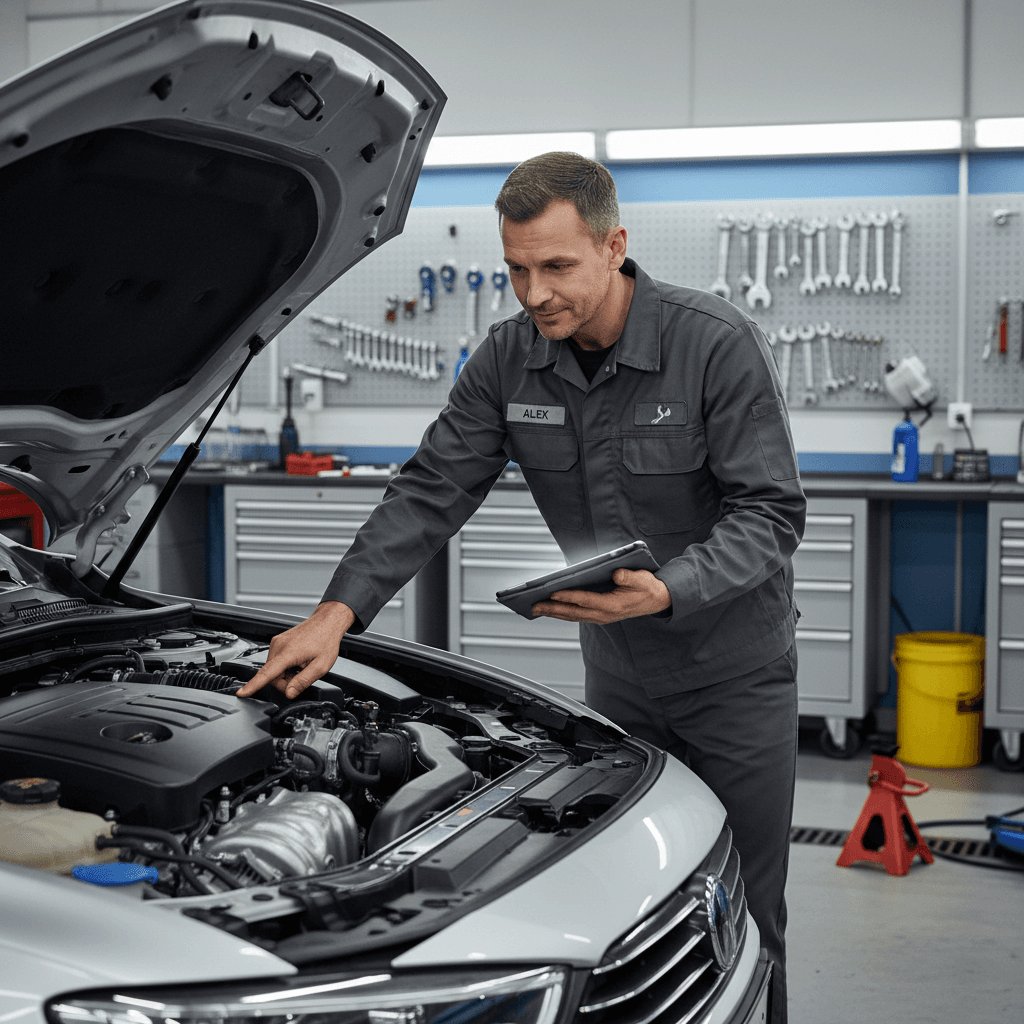 Mechanic performing vehicle inspection and warranty coverage
