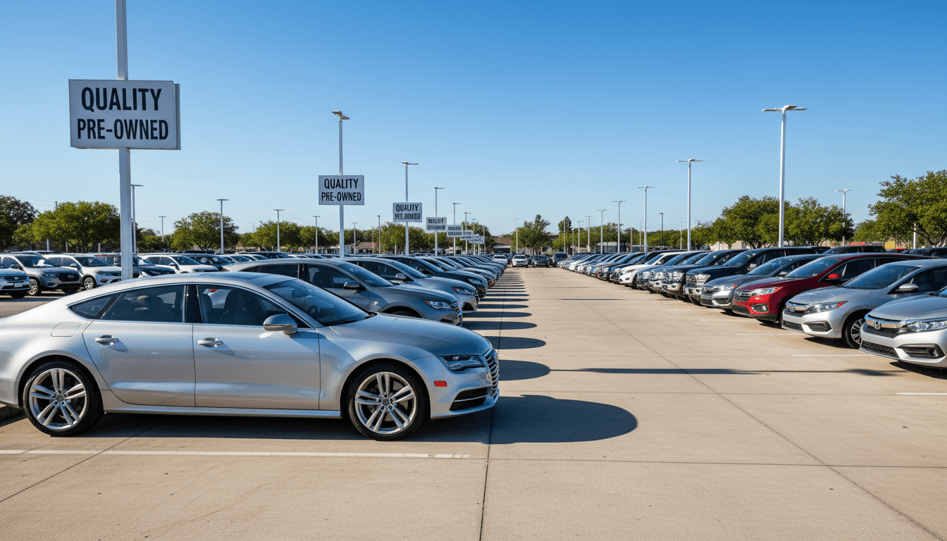 Wide view of organized used vehicle dealership lot with multiple pre-owned cars displayed under clear blue sky
