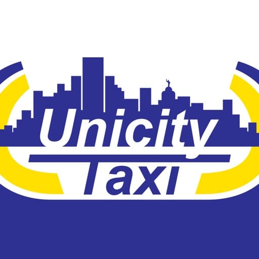 Unicity Taxi logo featuring a blue city skyline silhouette with yellow and white accents.